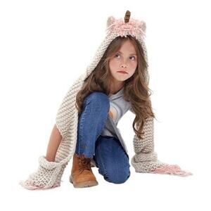 TACOBEAR‎ Hat Scarf Girls OS Chunky Knit Unicorn Hand Warmers Pockets Fringe NWT